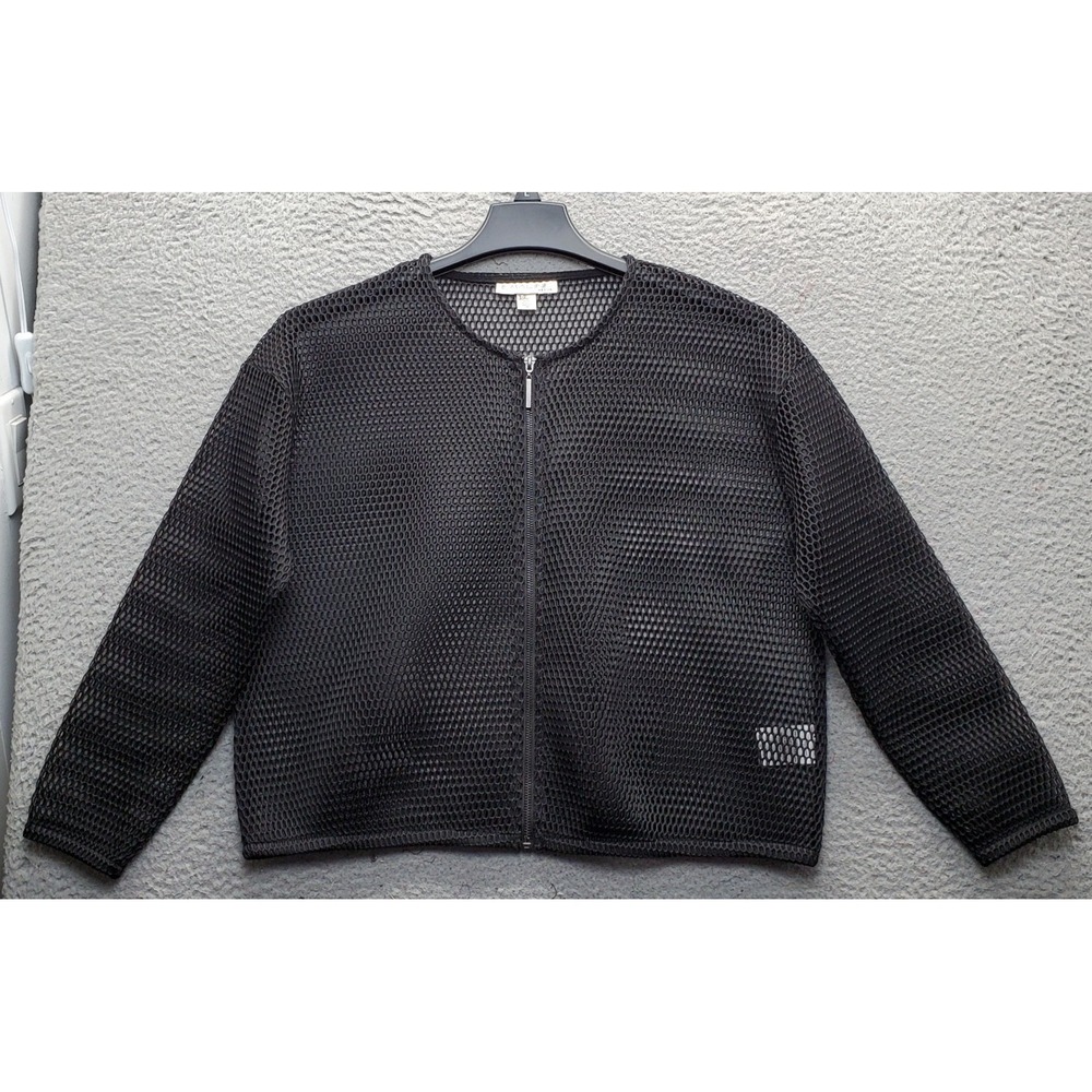 Emaline Fishnet-Style Cardigan Womens PXL Black Long Sleeve Crew Neck Full Zip